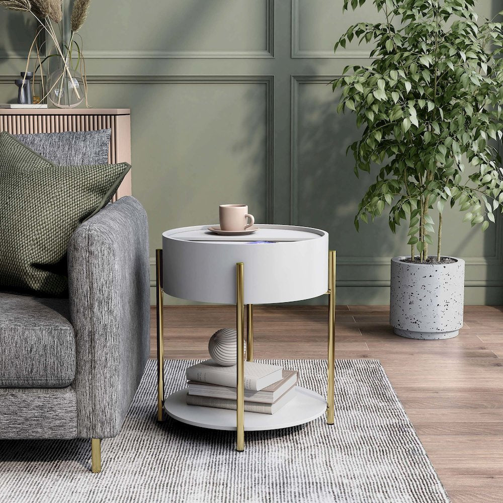 Haft Wood End Table with Hidden Storage in White
