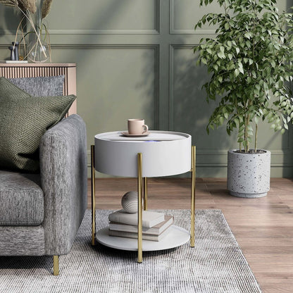 Haft Wood End Table with Hidden Storage in White