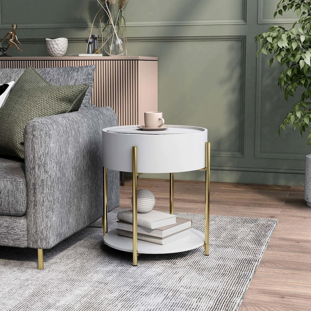 Haft Wood End Table with Hidden Storage in White