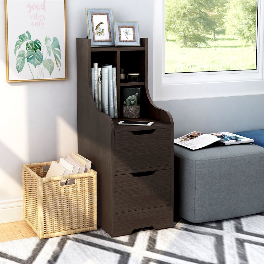 Plose Wood 2-Drawer Nightstand with Open-Shelf in Walnut