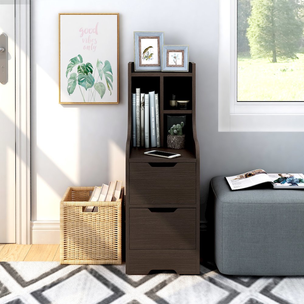 Plose Wood 2-Drawer Nightstand with Open-Shelf in Walnut