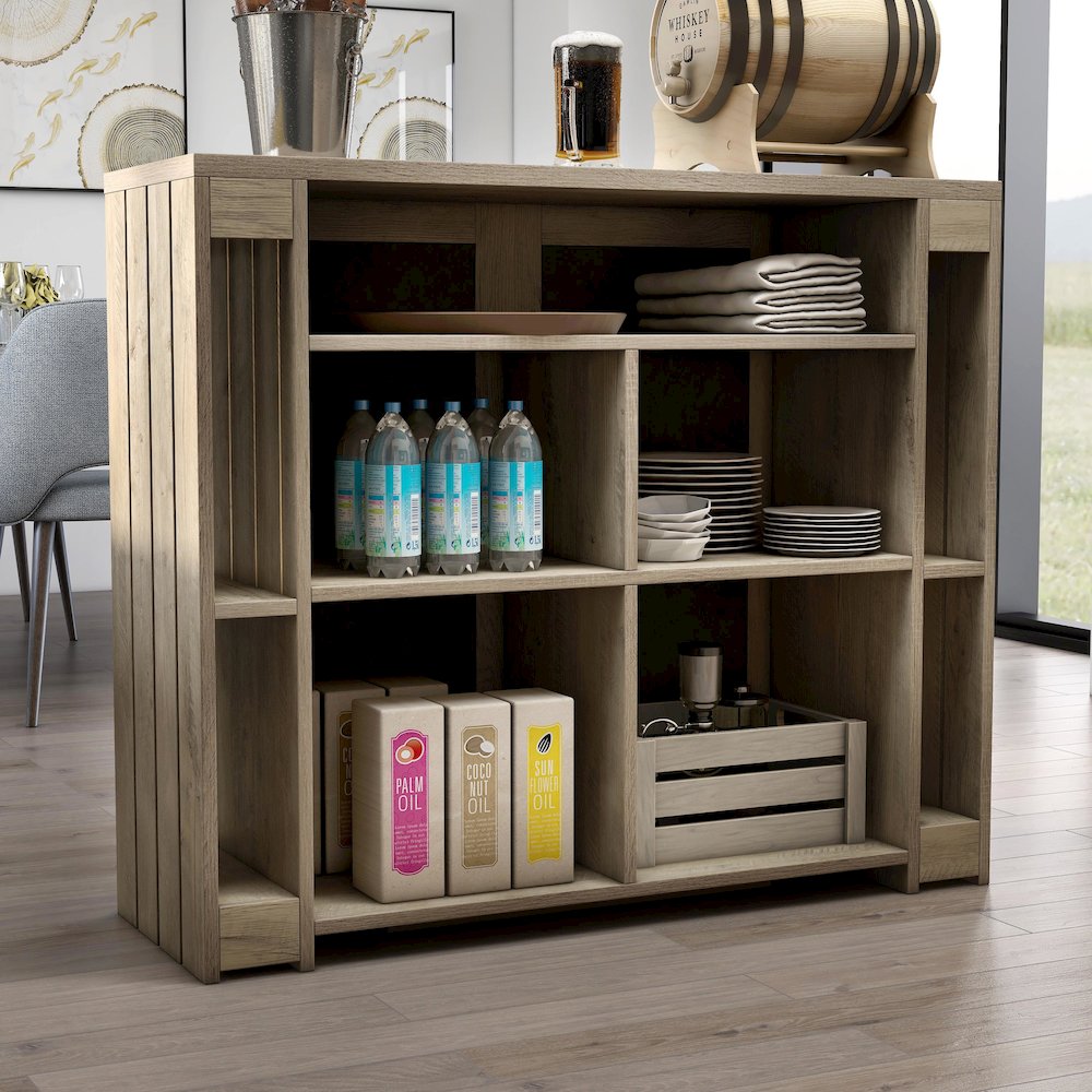 Levi Farmhouse Wood Bar Table in Weathered Oak