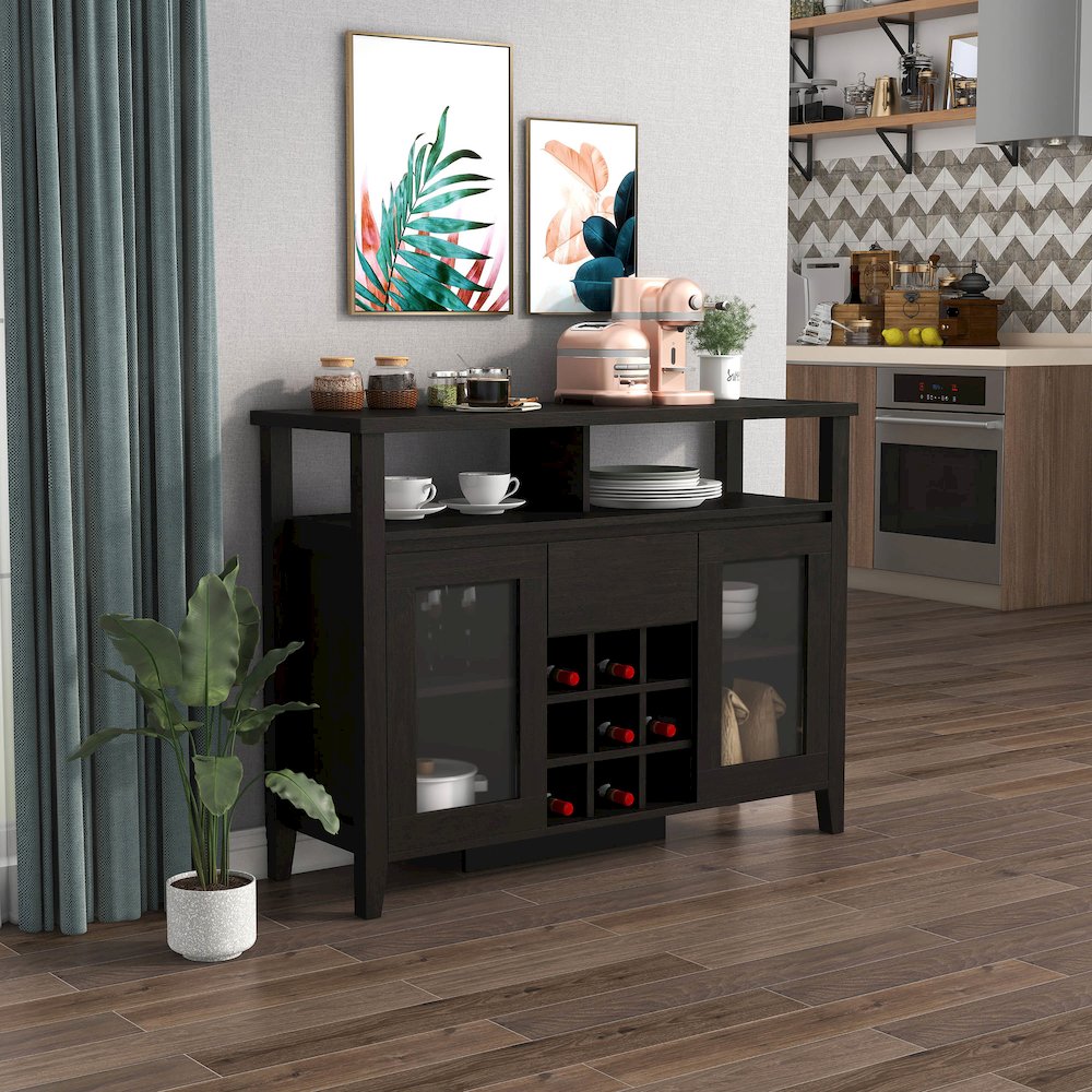 Elm Wood Buffet Table with Wine Rack in Espresso
