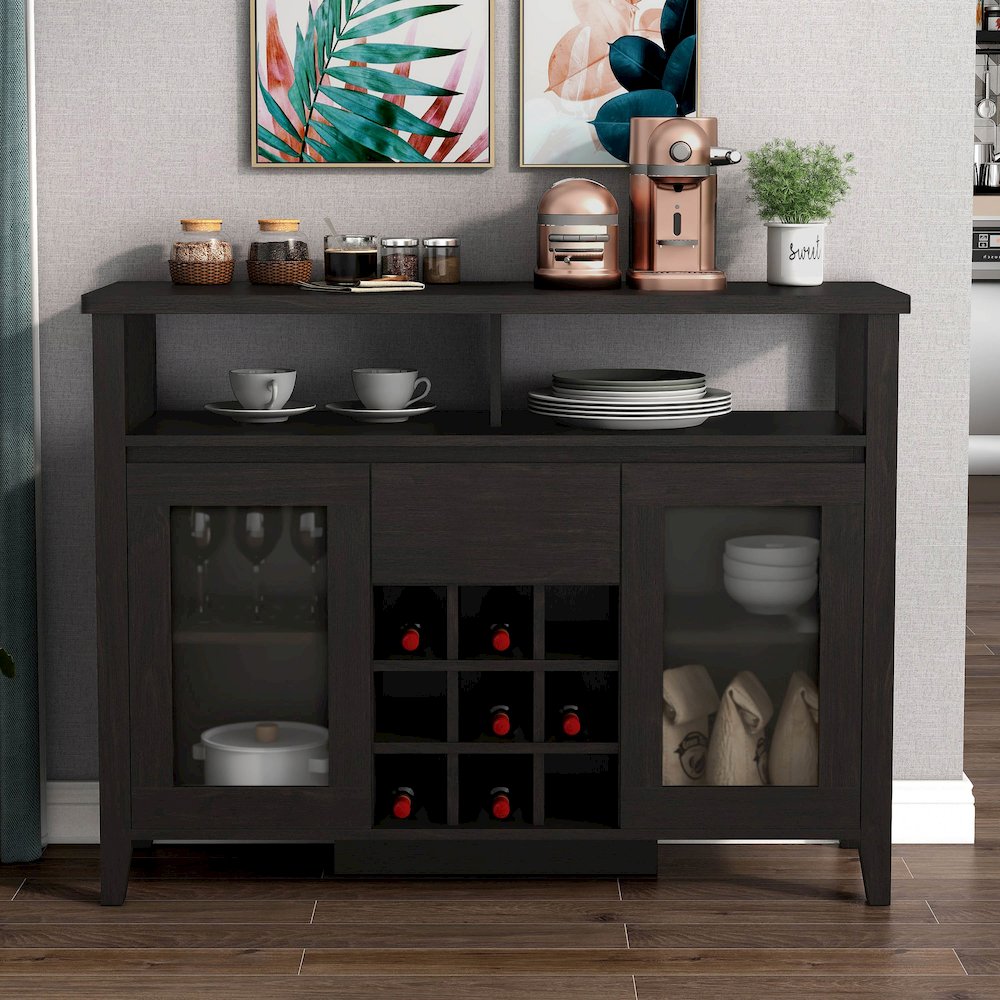 Elm Wood Buffet Table with Wine Rack in Espresso