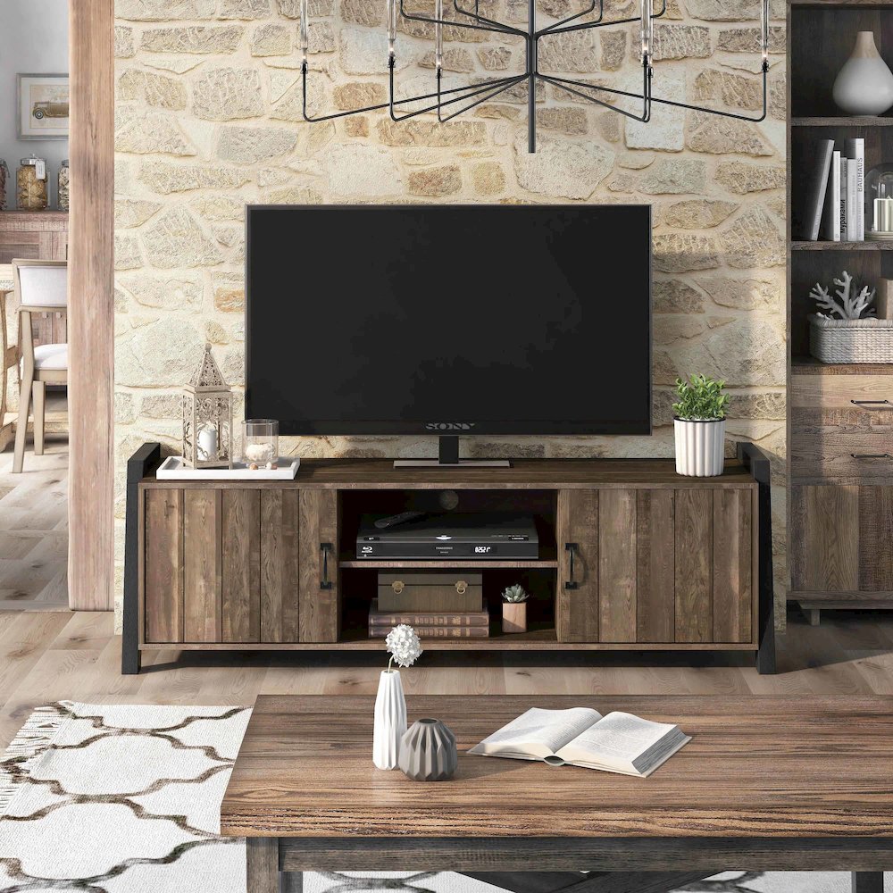 Acres Farmhouse Wood 6-Shelf TV Console in Brown