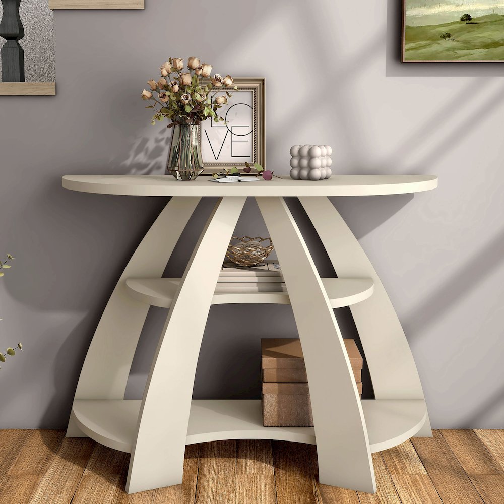 Bianca Contemporary Half Moon Wood Storage Console Table