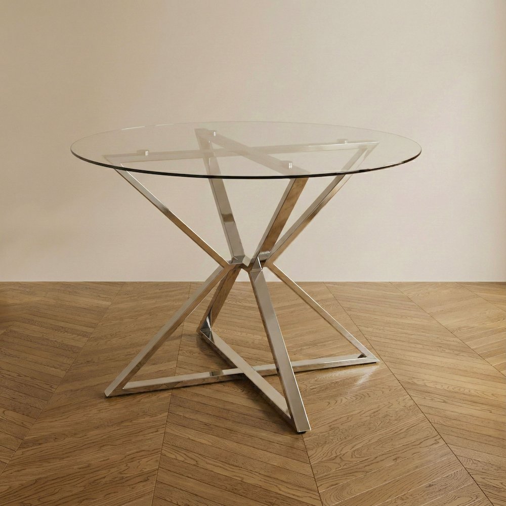 Leonisis Glass Top Round Dining Table in Chrome