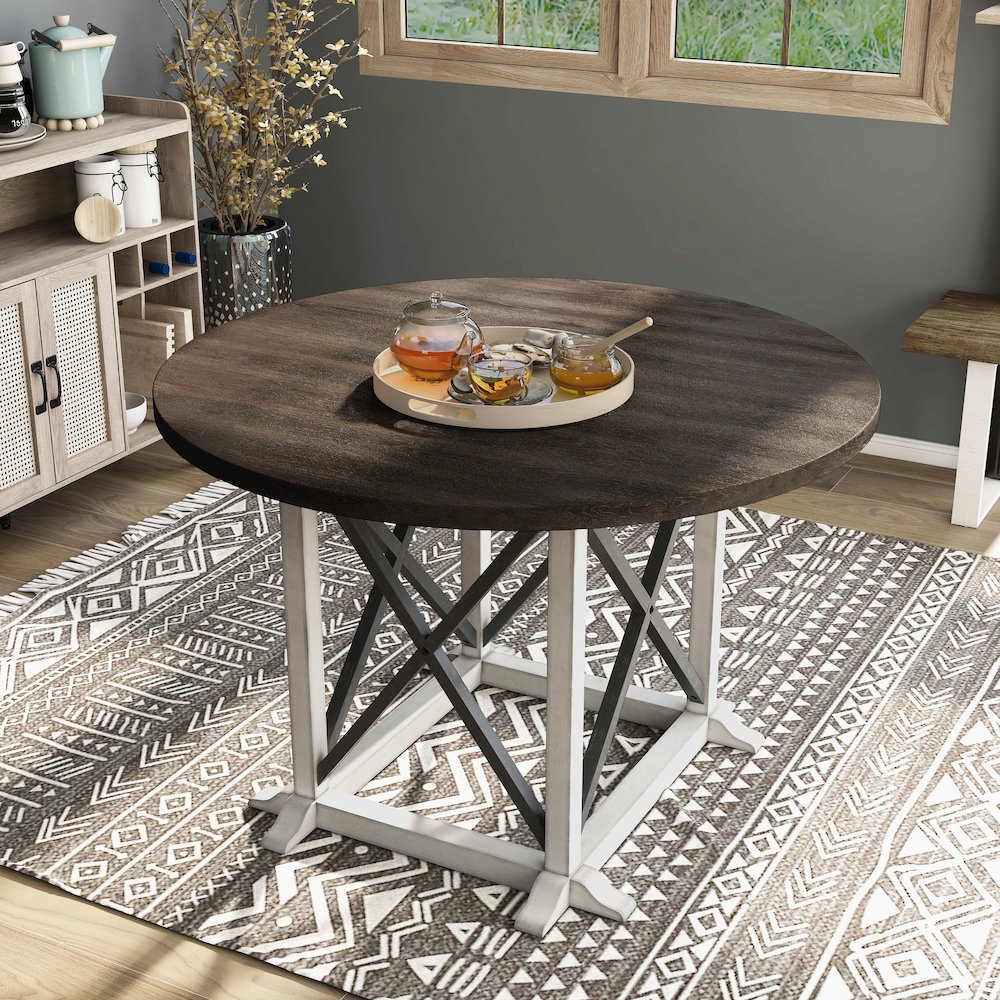Knix Rustic Wood Round Dining Table in Antique White and Dark Walnut