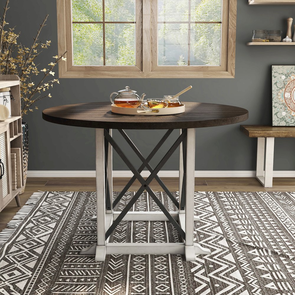 Knix Rustic Wood Round Dining Table in Antique White and Dark Walnut