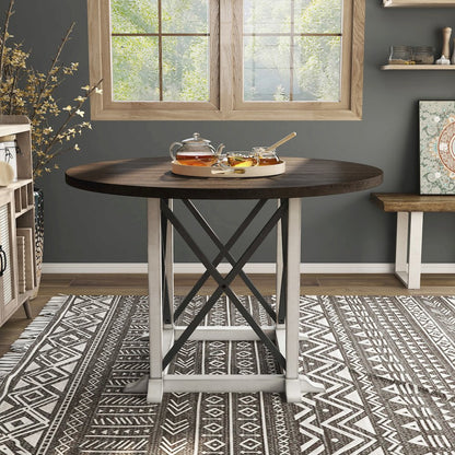 Knix Rustic Wood Round Dining Table in Antique White and Dark Walnut