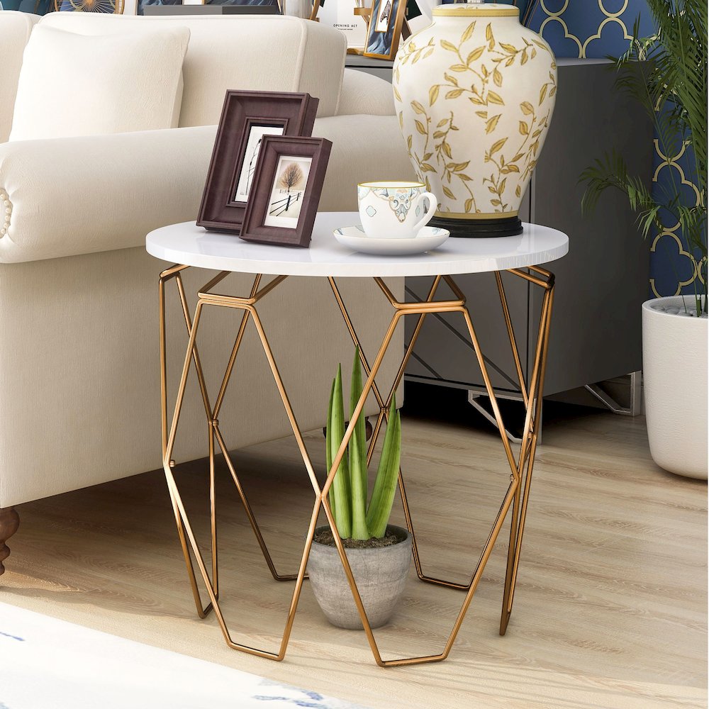 Zoom Modern Wood End Table in White and Gold