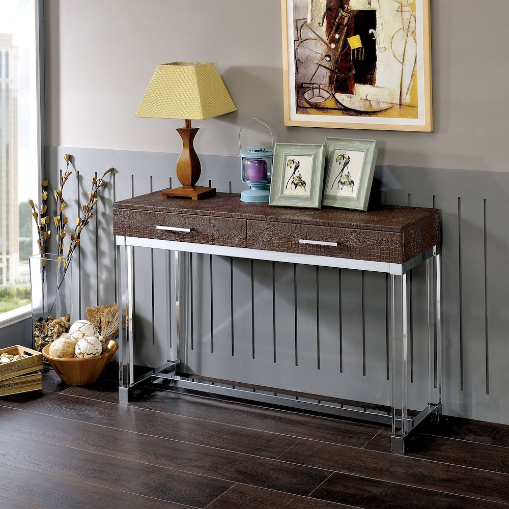 Romano Modern Metal 2-Drawer Console Table in Brown
