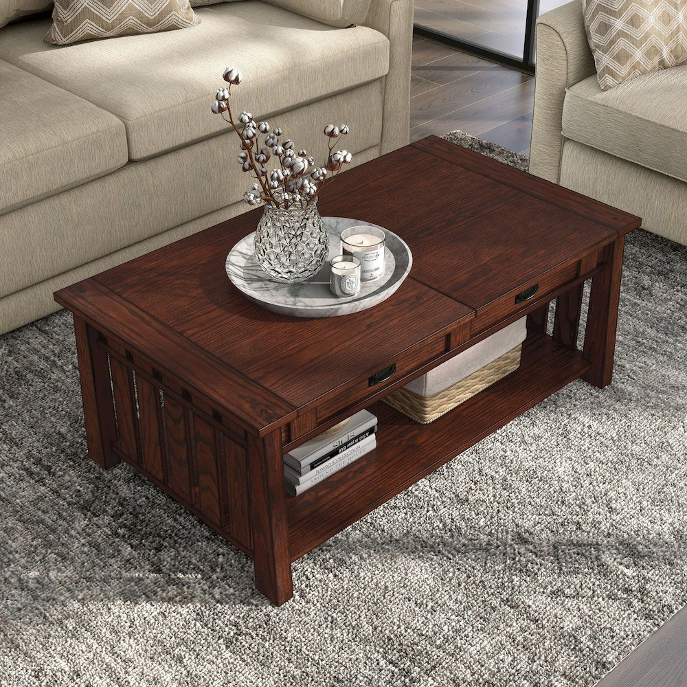 Elm Wood Coffee Table With Hidden Lift Shelf
