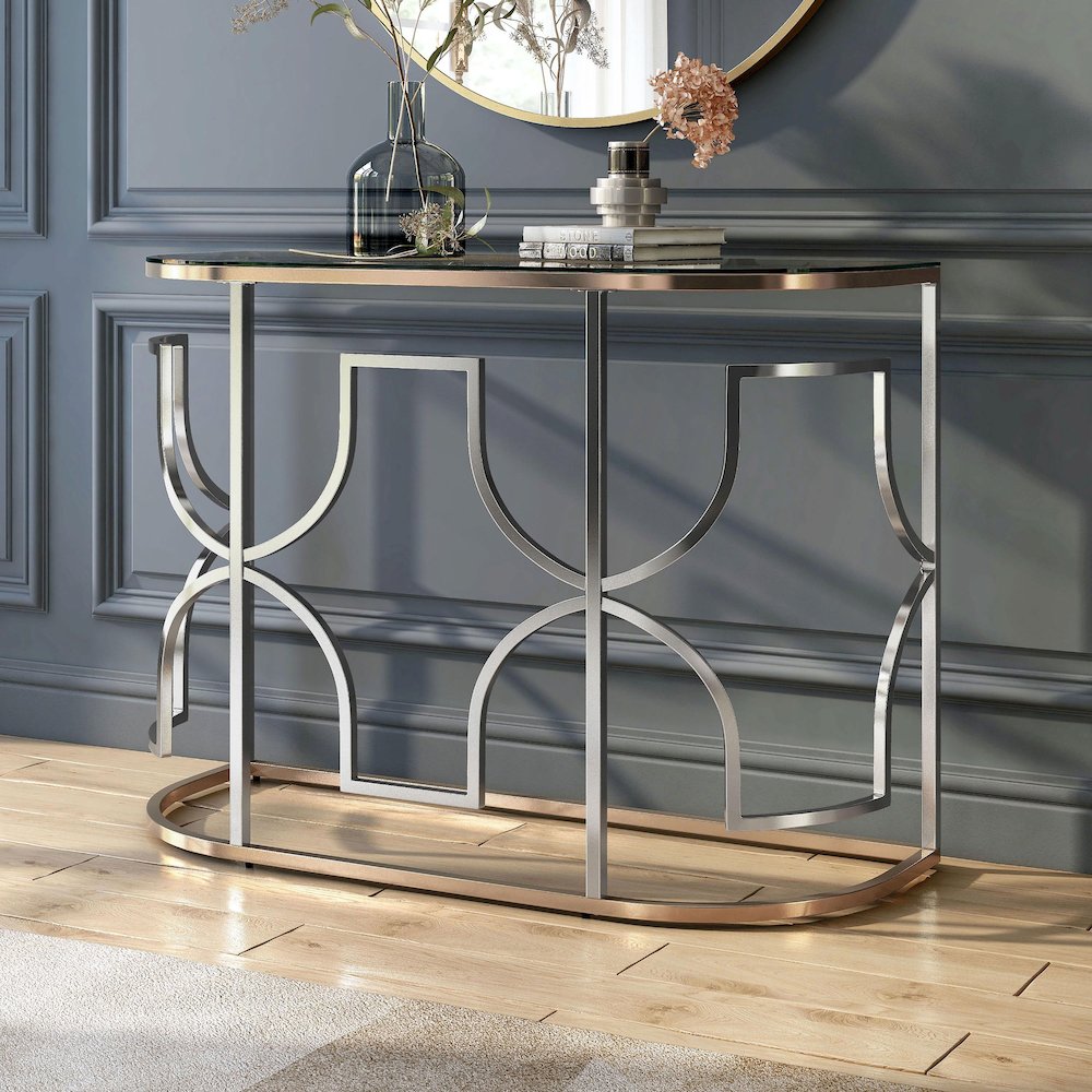 Sol Glam Glass Top Sofa Table in Chrome and Gold