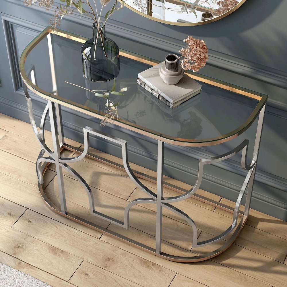 Sol Glam Glass Top Sofa Table in Chrome and Gold