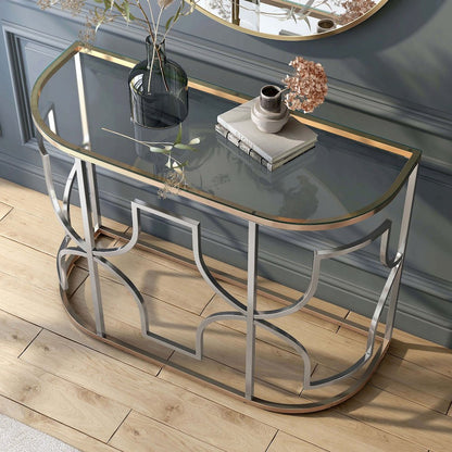 Sol Glam Glass Top Sofa Table in Chrome and Gold