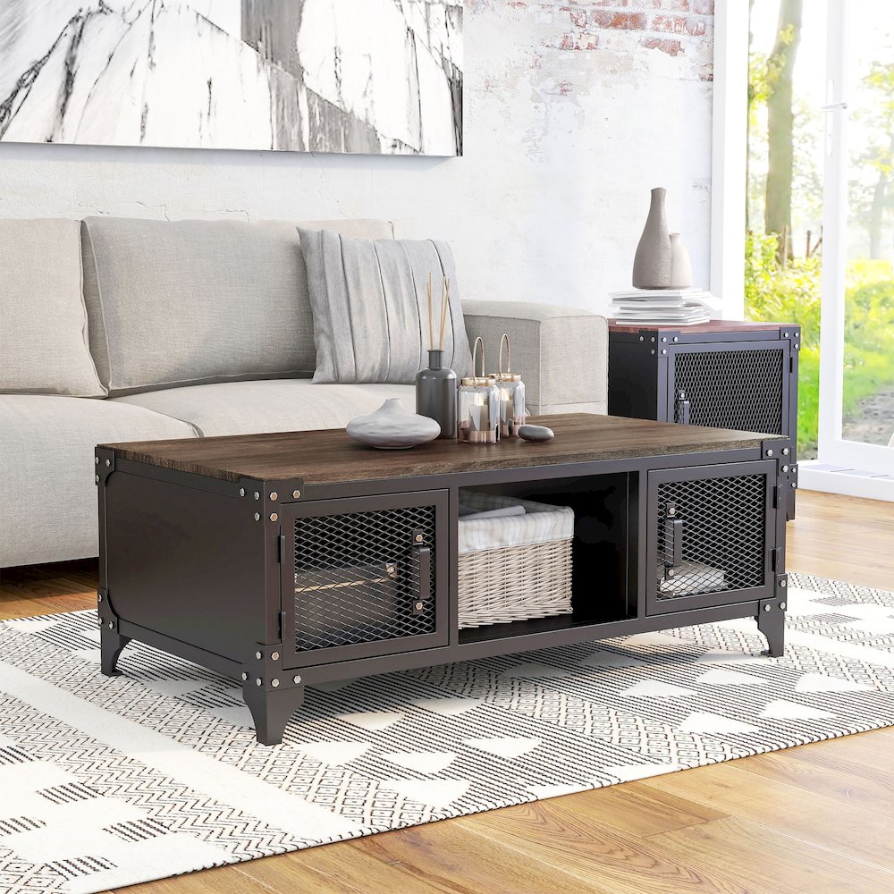 Edam Industrial Metal Storage Coffee Table in Sand Black