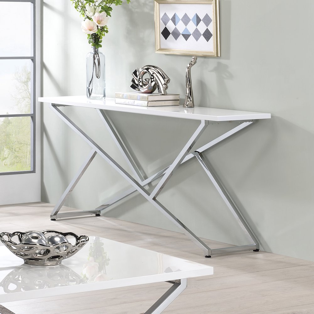 Mergo Wood Rectangular Console Table in Chrome and White