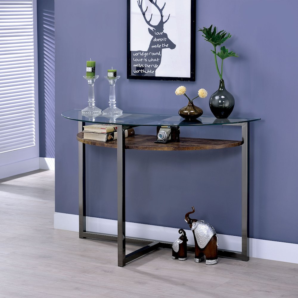Barker Industrial Glass Top Console Table in Black Chrome