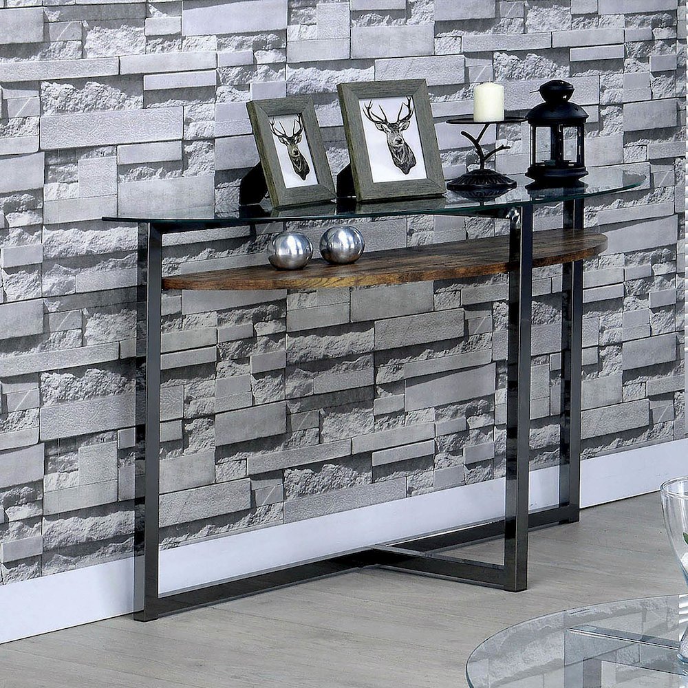 Barker Industrial Glass Top Console Table in Black Chrome
