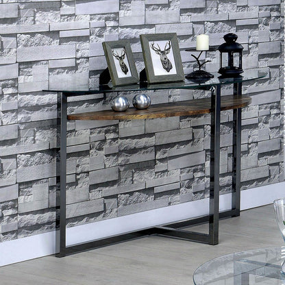 Barker Industrial Glass Top Console Table in Black Chrome