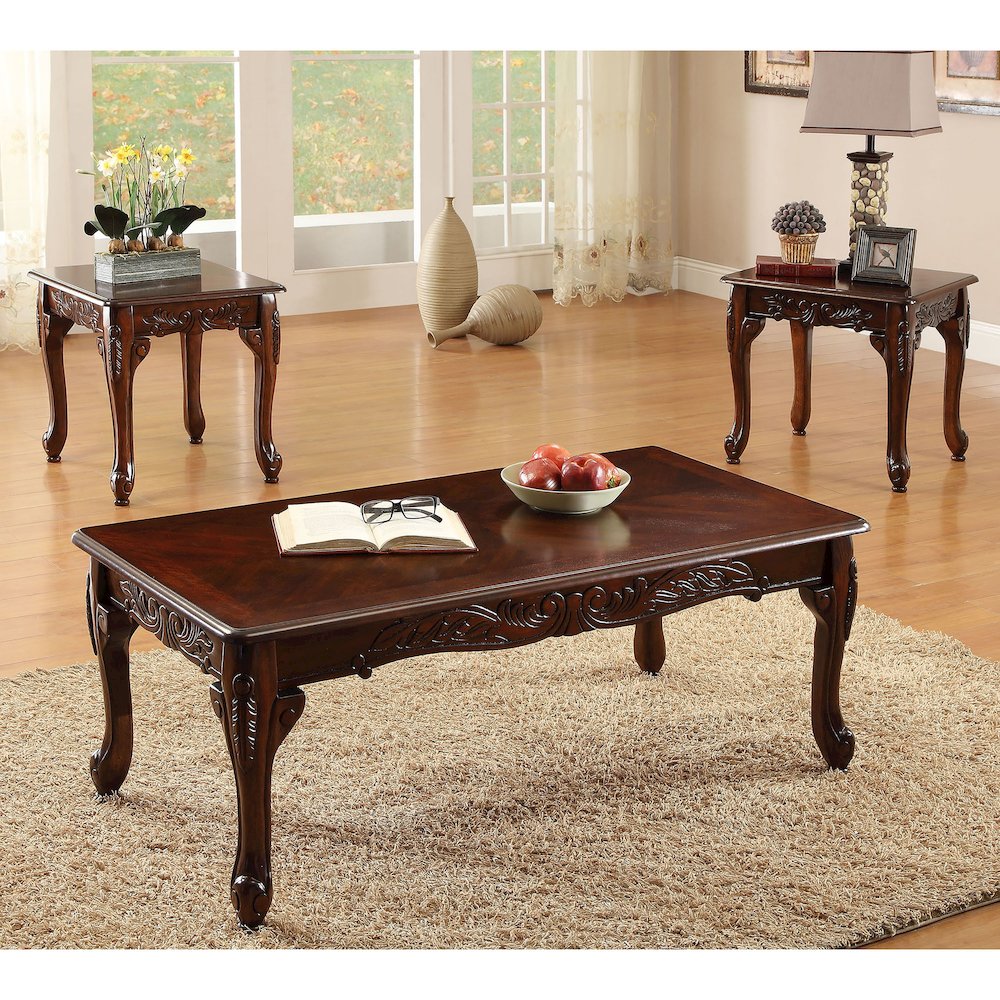 Alice Traditional Solid Wood 3-Piece Coffee Table Set in Dark Cherry