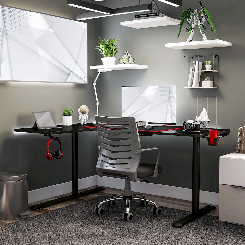 Valay Modern Metal Gaming Desk with Outlets in Black