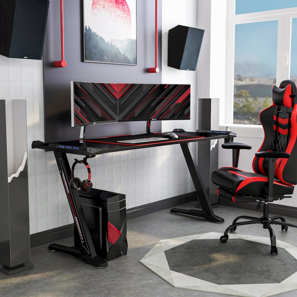 Almly Modern Metal Gaming Desk with Outlets in Black