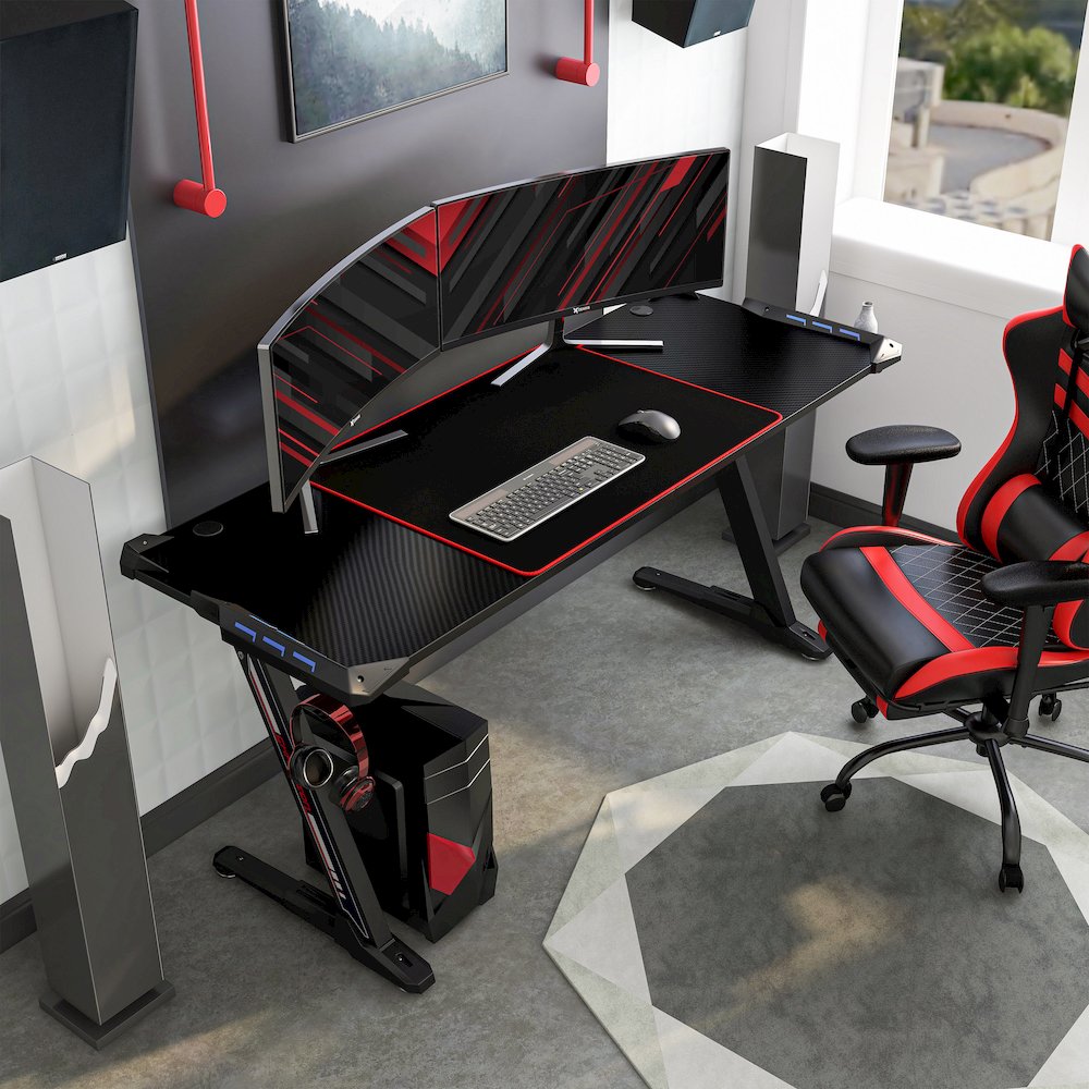Almly Modern Metal Gaming Desk with Outlets in Black
