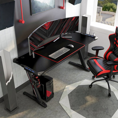 Almly Modern Metal Gaming Desk with Outlets in Black