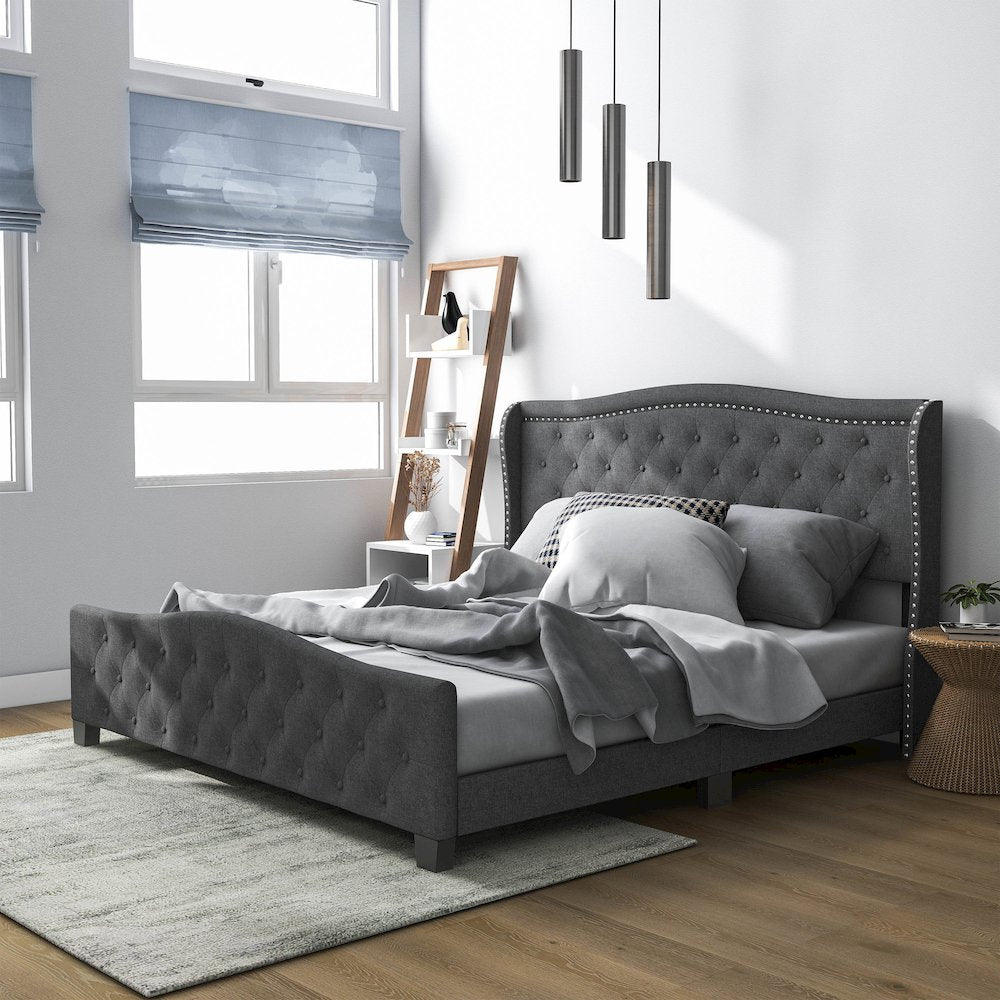 Trisha Wood Frame Button Tufted Fabric Upholstered Bed