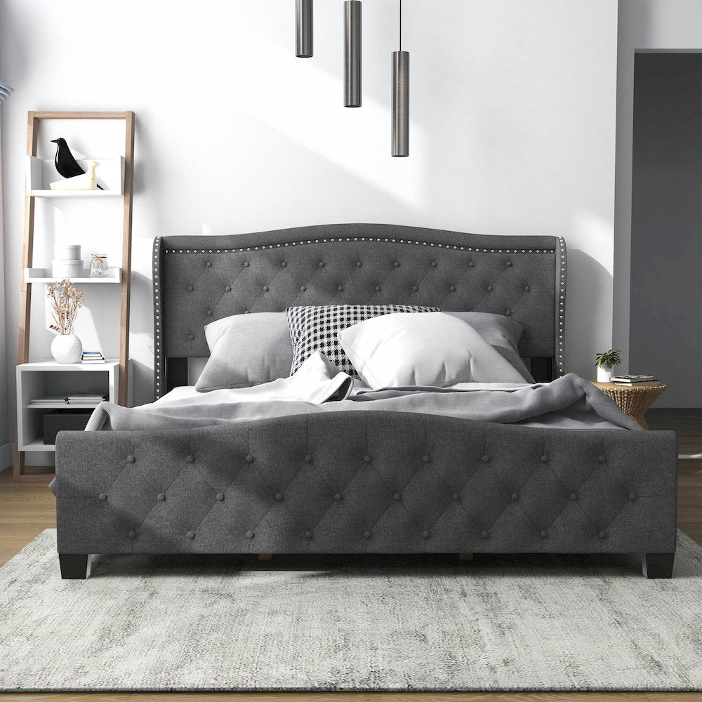 Trisha Wood Frame Button Tufted Fabric Upholstered Bed