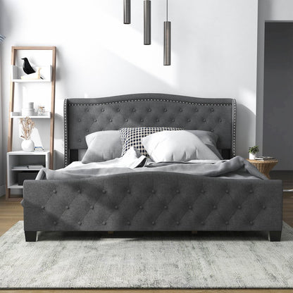 Trisha Wood Frame Button Tufted Fabric Upholstered Bed