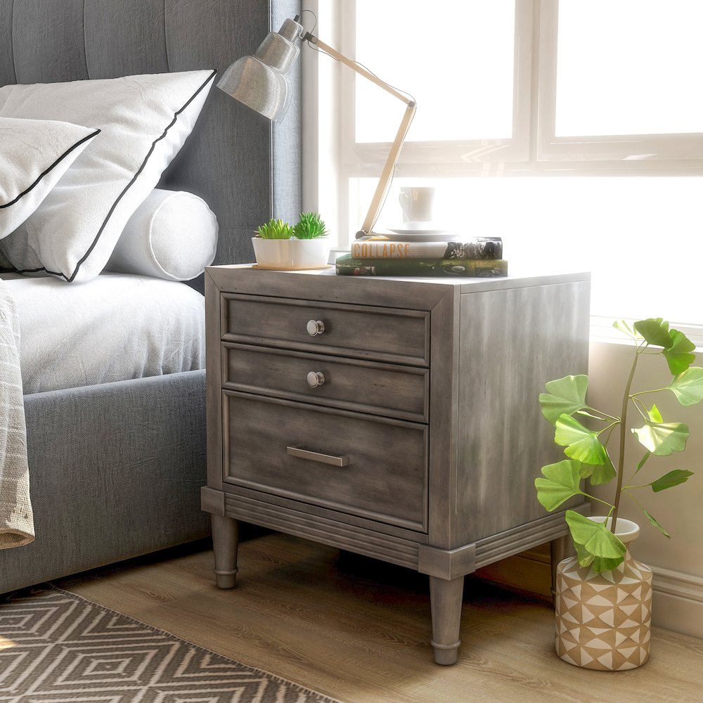 Cartagena Solid Wood 3-Drawer Nightstand in Gray