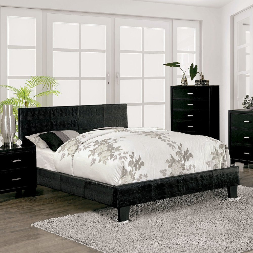 Nicole Wood Frame Faux Leather Platform Bed in Black