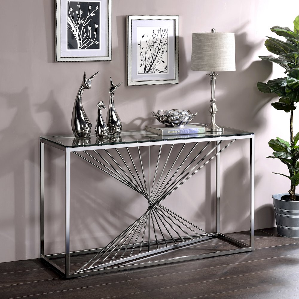 Jonnah Modern Glass Top Console Table in Chrome