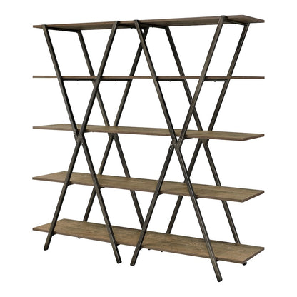 Edz Rustic Metal 5-Shelf Bookcase in Oak and Gun Metal