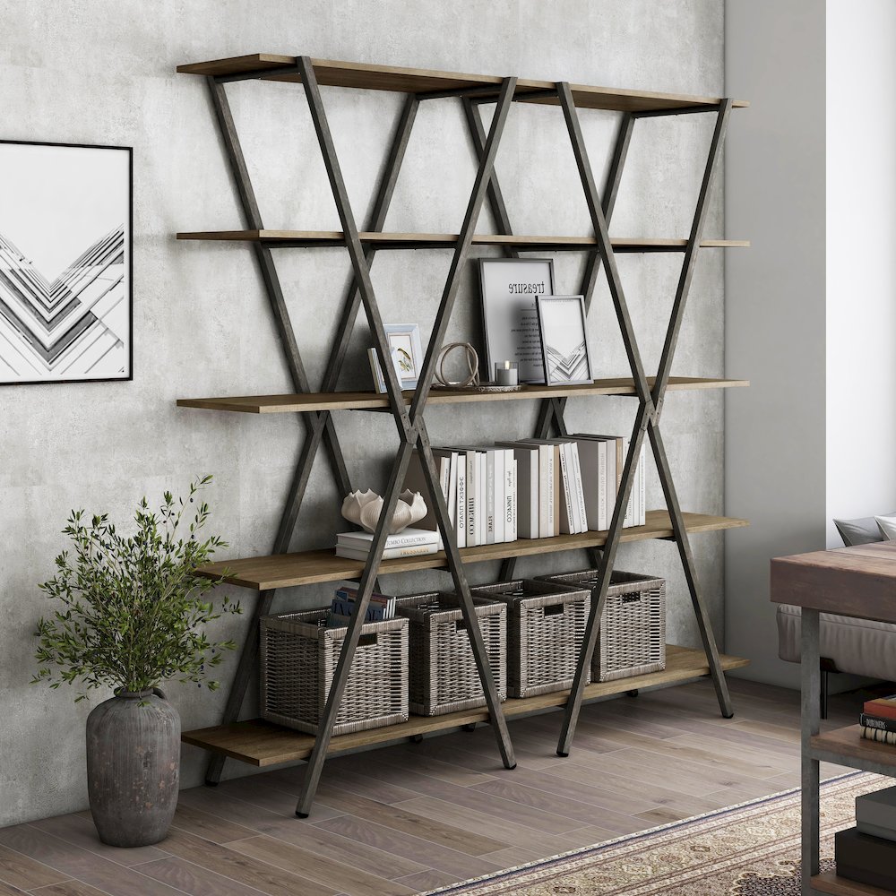 Edz Rustic Metal 5-Shelf Bookcase in Oak and Gun Metal