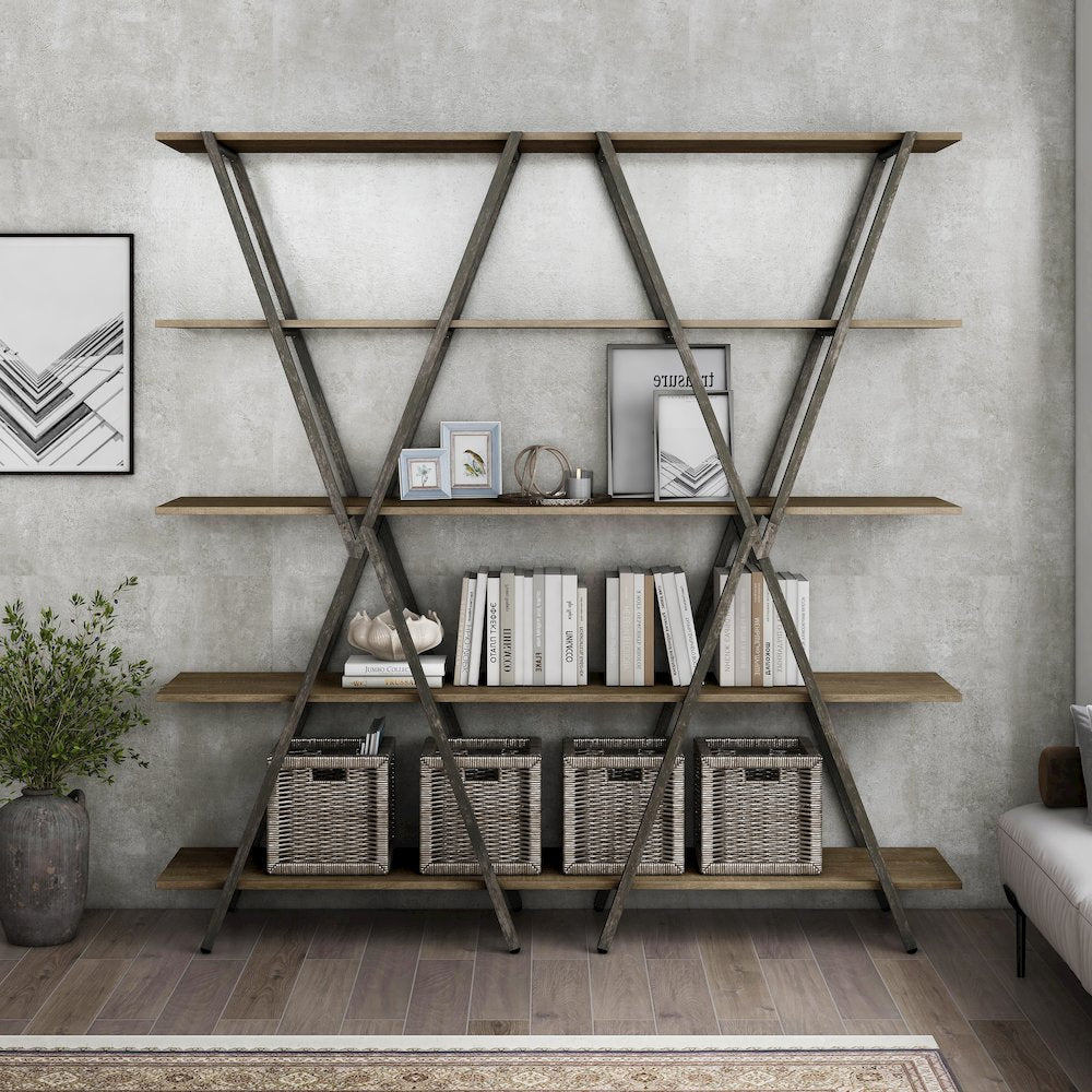 Edz Rustic Metal 5-Shelf Bookcase in Oak and Gun Metal