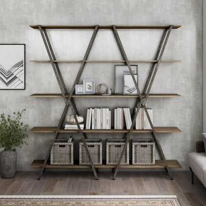 Edz Rustic Metal 5-Shelf Bookcase in Oak and Gun Metal