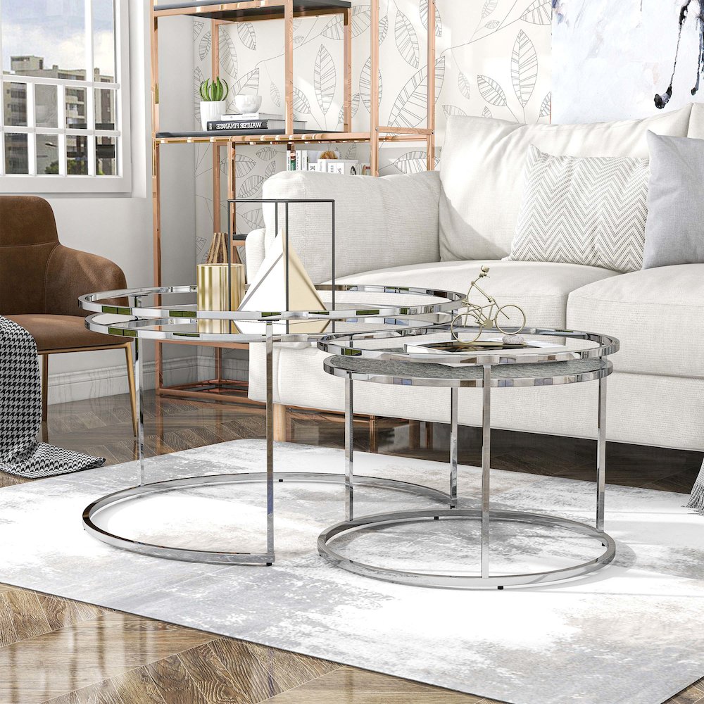 Vroma Metal Glass Top 2-Piece Nesting Table Set