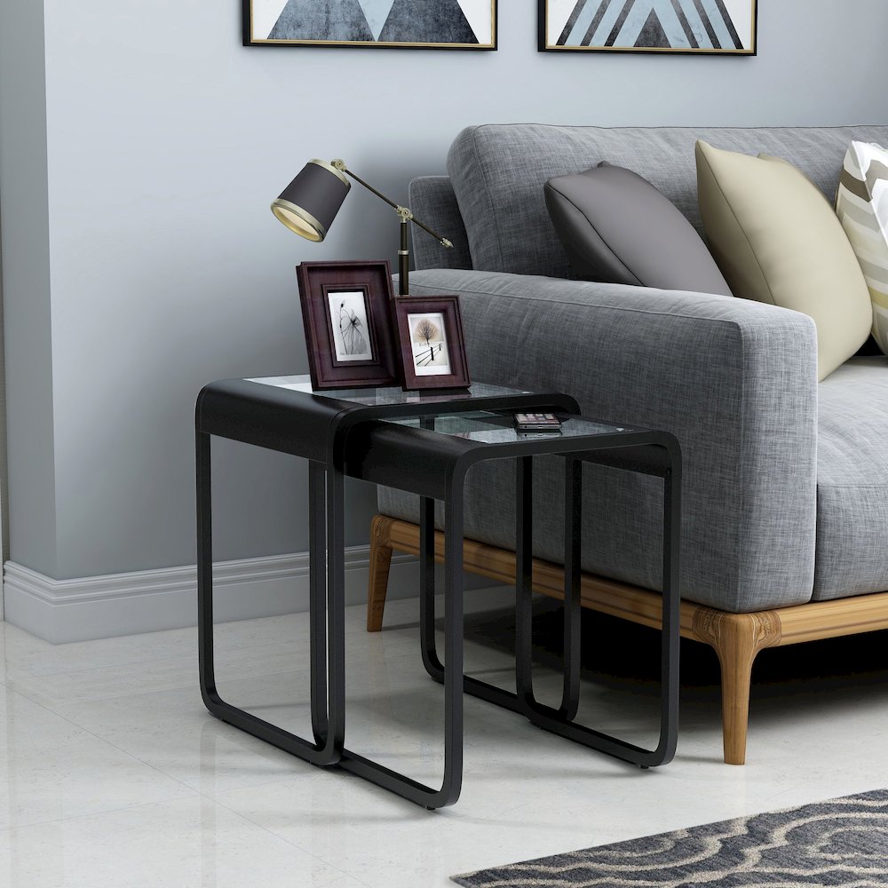 Shawton 2-Piece Glass Top Nesting Table Set in Black