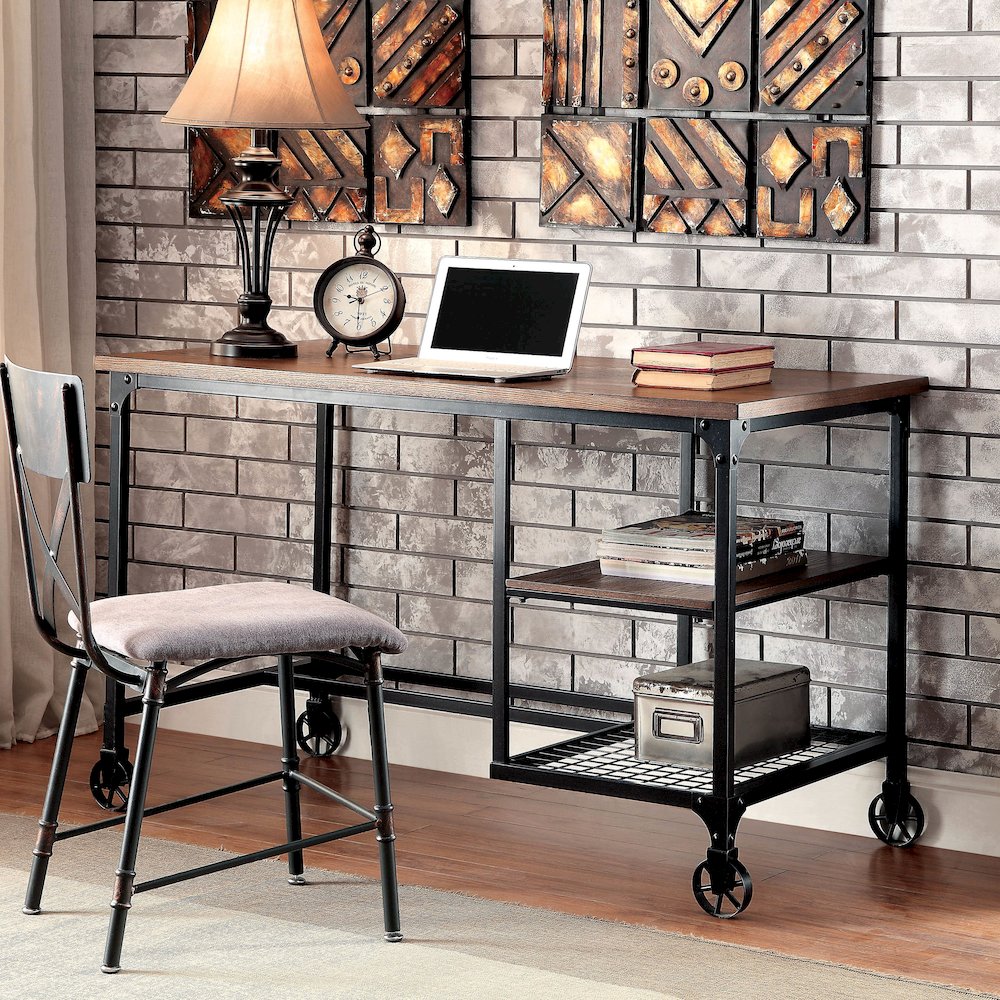 Amtex Metal Computer Desk with Casters in Antique Black