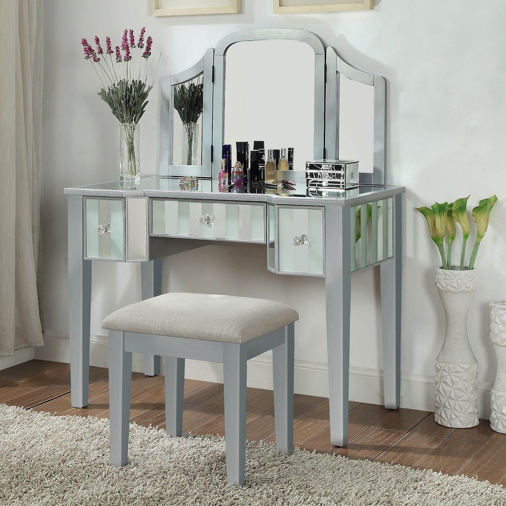 Aleana Contemporary Wood 3-Piece Vanity Set in Silver