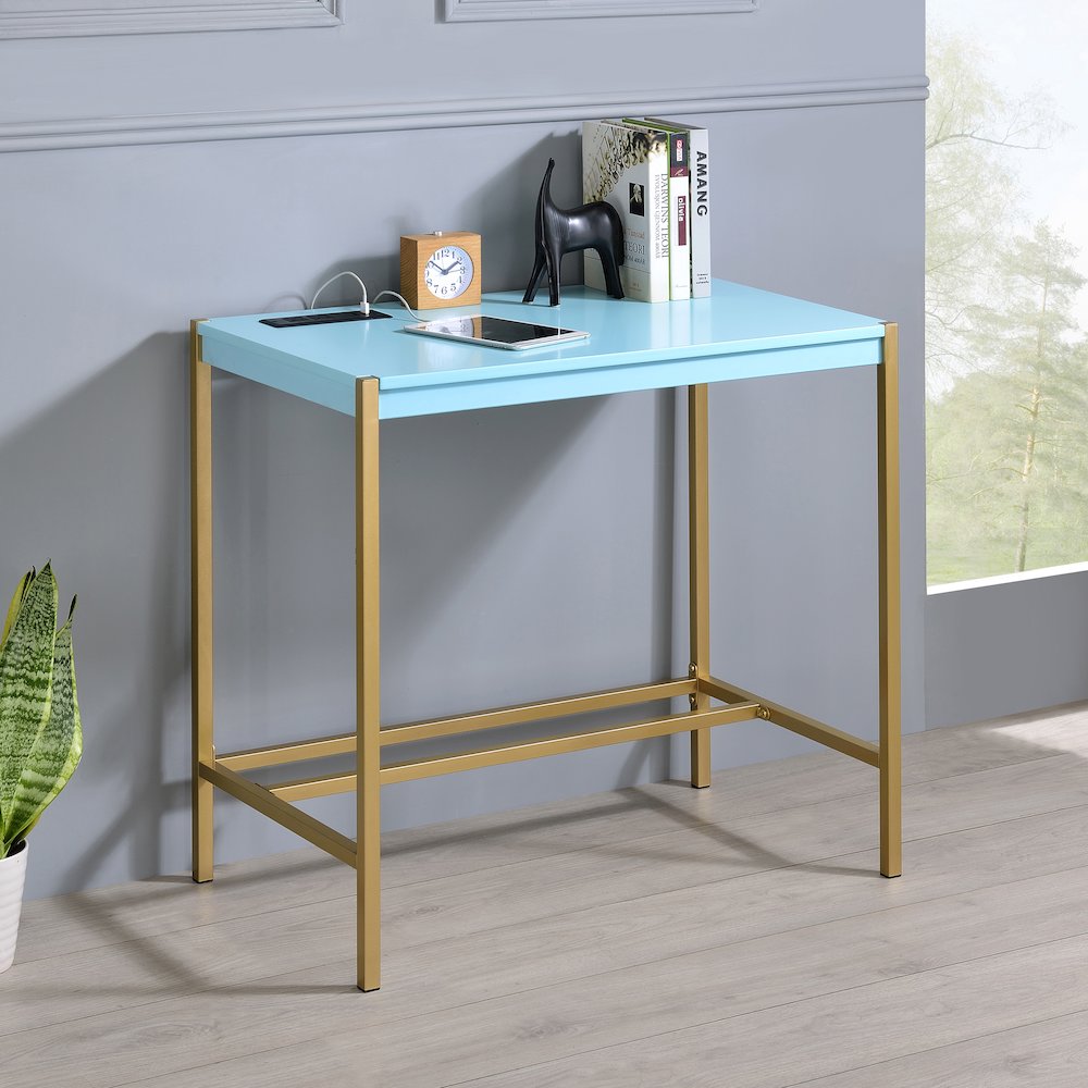 Grae Wood Writing Desk with USB Port in Aruba Blue