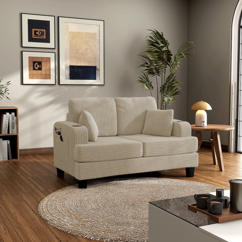 Reese Chenille Loveseat with Cup Holders, Beige