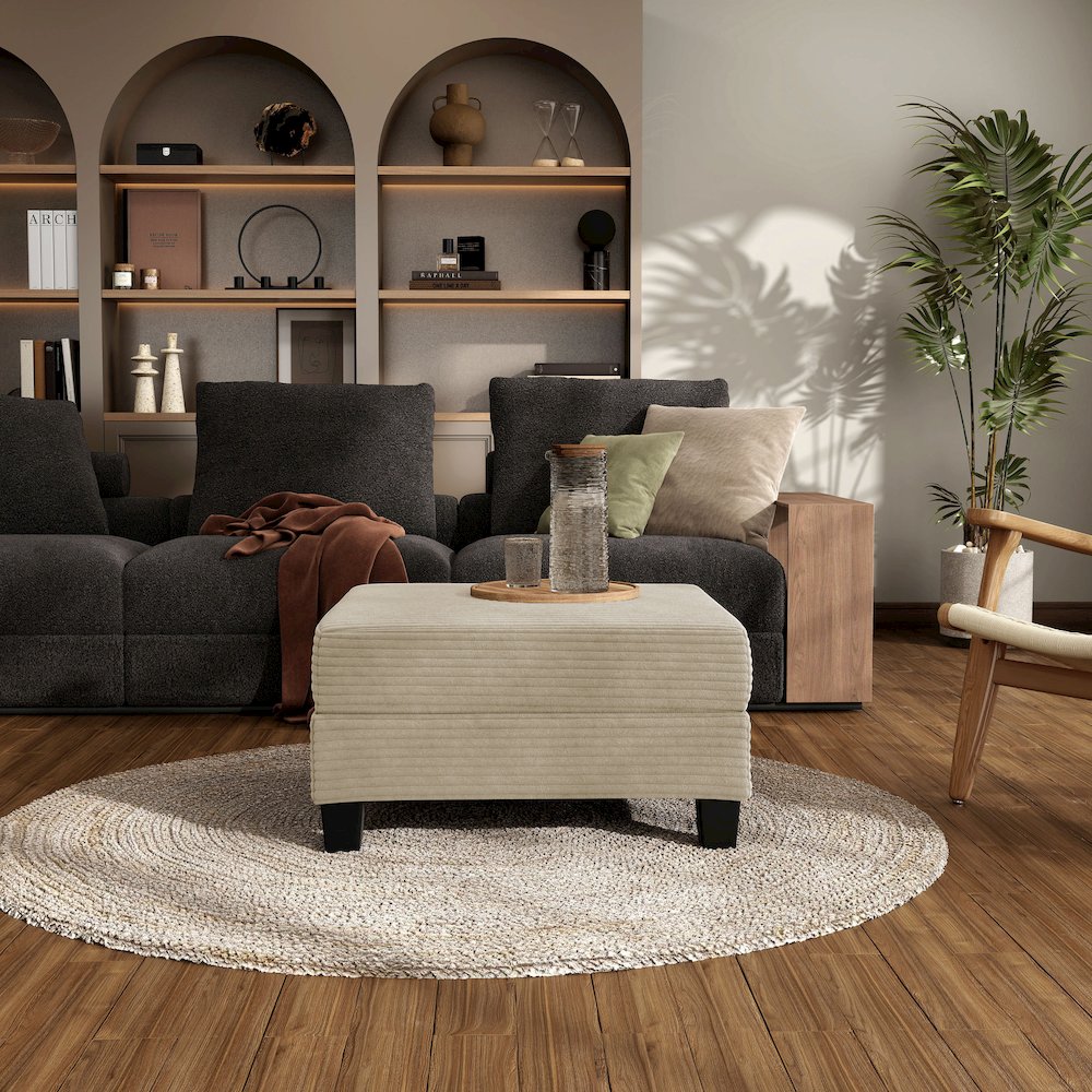 Reese Wood Frame Chenille Storage Ottoman, Beige