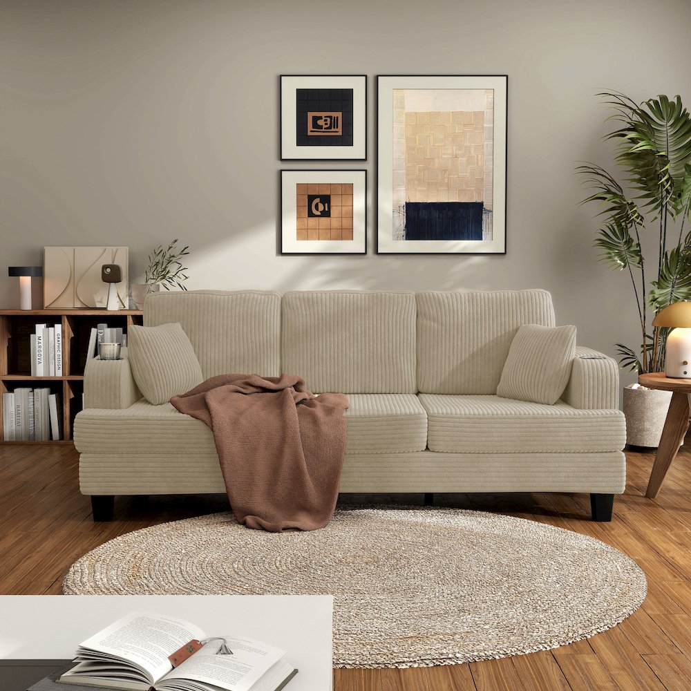 Reese Chenille Sofa with Cup Holders and USBs, Beige
