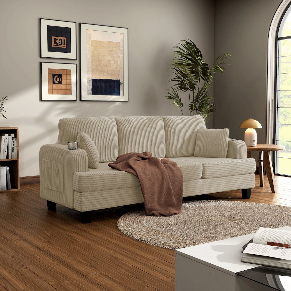 Reese Chenille Sofa with Cup Holders and USBs, Beige