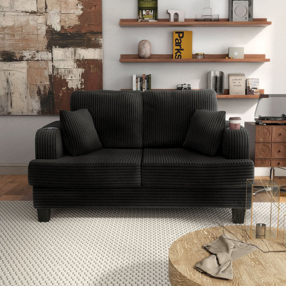 Reese Chenille Loveseat with Cup Holders, Black